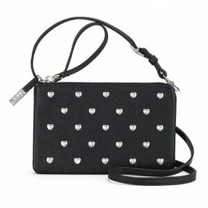 Brighton Black Leather Crossbody Bag Heart Studded Organizer Purse Silver Studs